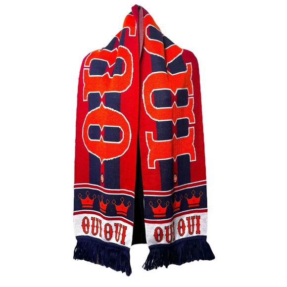 RARE JONATHAN ADLER FRINGED SWEATER SCARF LONG BLUE ORANGE “OUI OUI” 10” X 74” - Picture 1 of 7